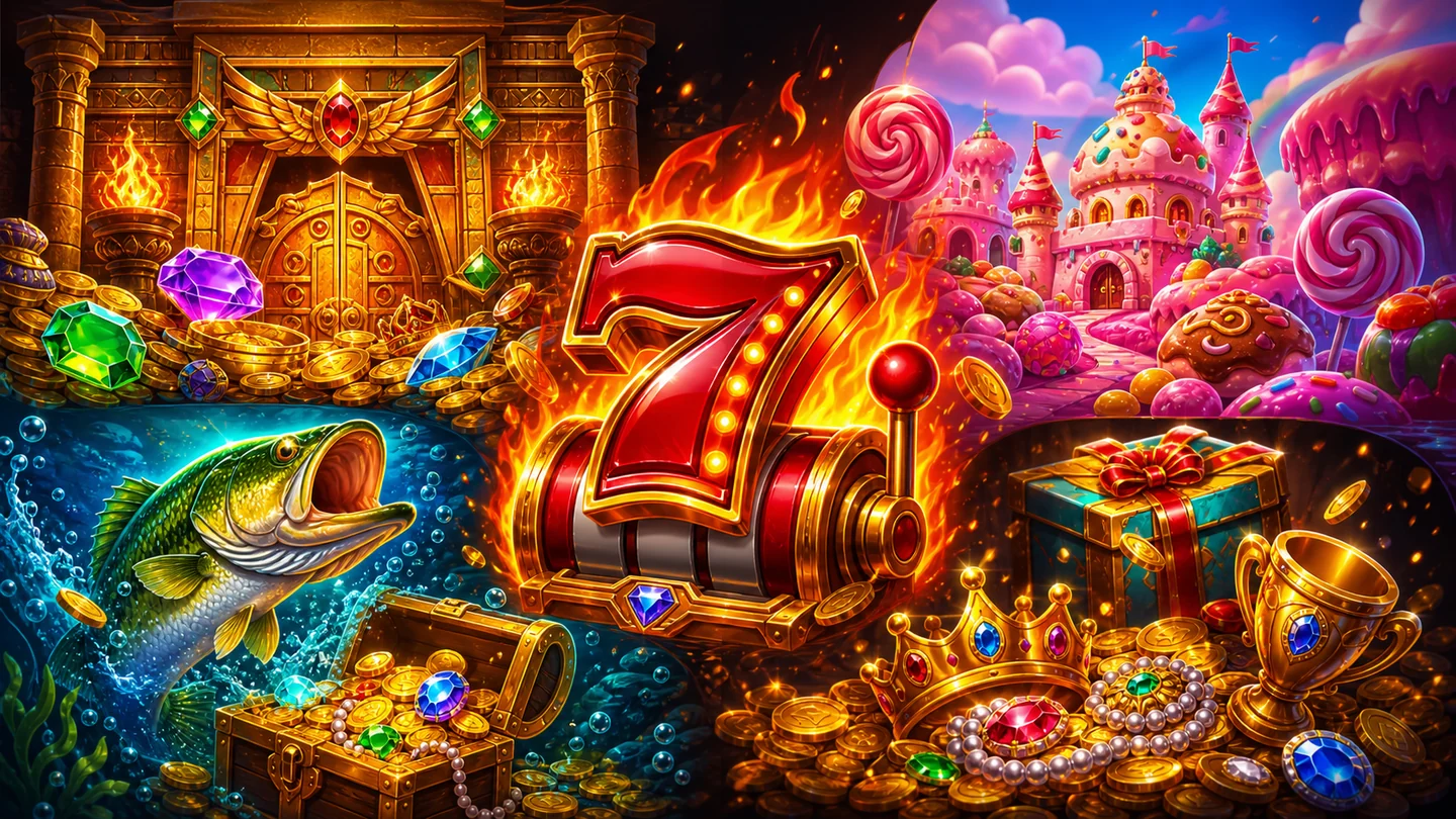 Bunte Casino-Spielwelten mit Tempel, roter Sieben, Süßigkeiten und Schatz